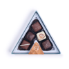 Image of a box of five handmade chocolates from Rocky Mountain Chocolate, featuring various flavors like Kahlua & Cream, Dark Roasted Coffee, Sea Salt, Vanilla Bean, and Salted Truffle Caramel.