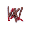 A group of milk chocolate-dipped licorice sticks arranged neatly on a white surface.