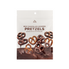 Bag of chocolate-covered pretzels with product image on the packaging