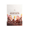 Bag of chocolate-covered sour keys with product image on the packaging